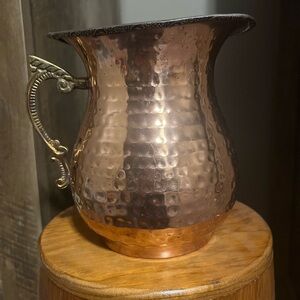 Vintage Hammered Copper Pitcher Jug Carafe Brass Scroll Handle Tin Lined